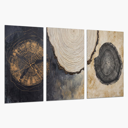 Circular tree-ring motifs in charcoal, cream and gold tones set of 3 poster prints on a white background