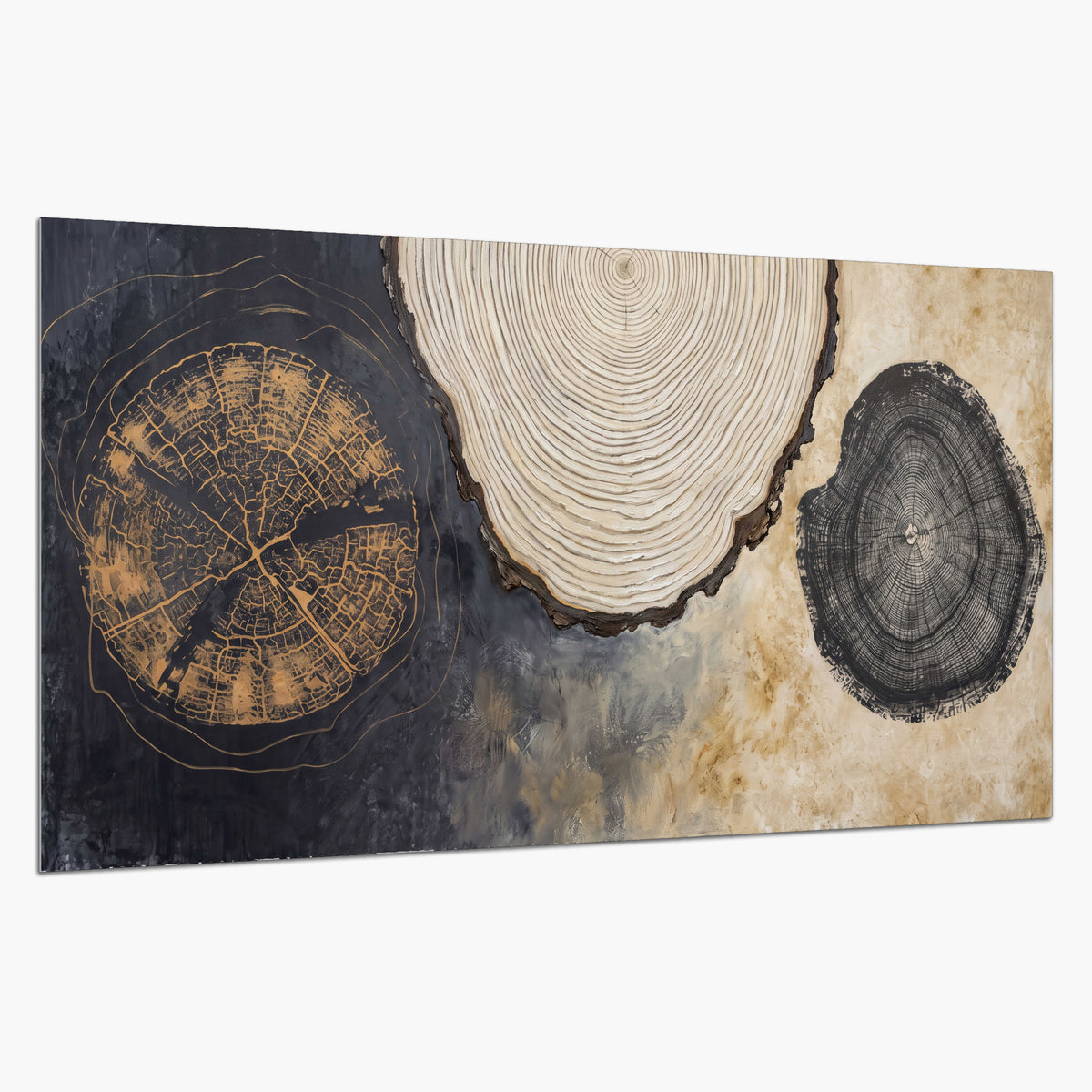 Circular tree-ring motifs in charcoal, cream and gold tones single poster print on a white background