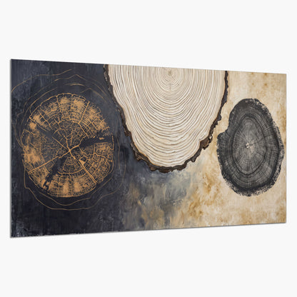Circular tree-ring motifs in charcoal, cream and gold tones single poster print on a white background