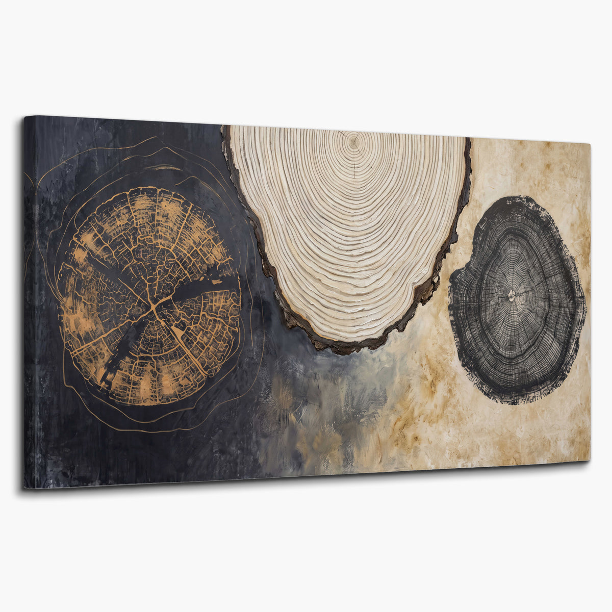 Circular tree-ring motifs in charcoal, cream and gold tones single canvas wall art on a white background