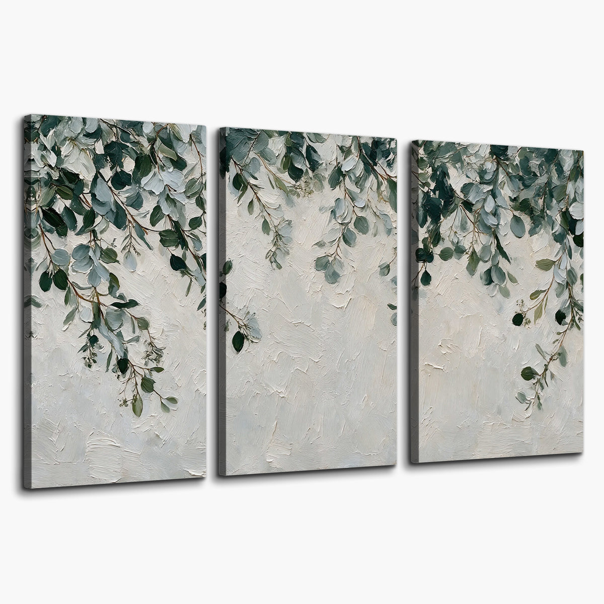 Soft green eucalyptus branches on a cream background 3 piece canvas wall art on a white background