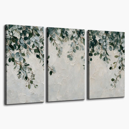 Soft green eucalyptus branches on a cream background 3 piece canvas wall art on a white background
