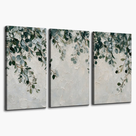 Soft green eucalyptus branches on a cream background 3 piece canvas wall art on a white background