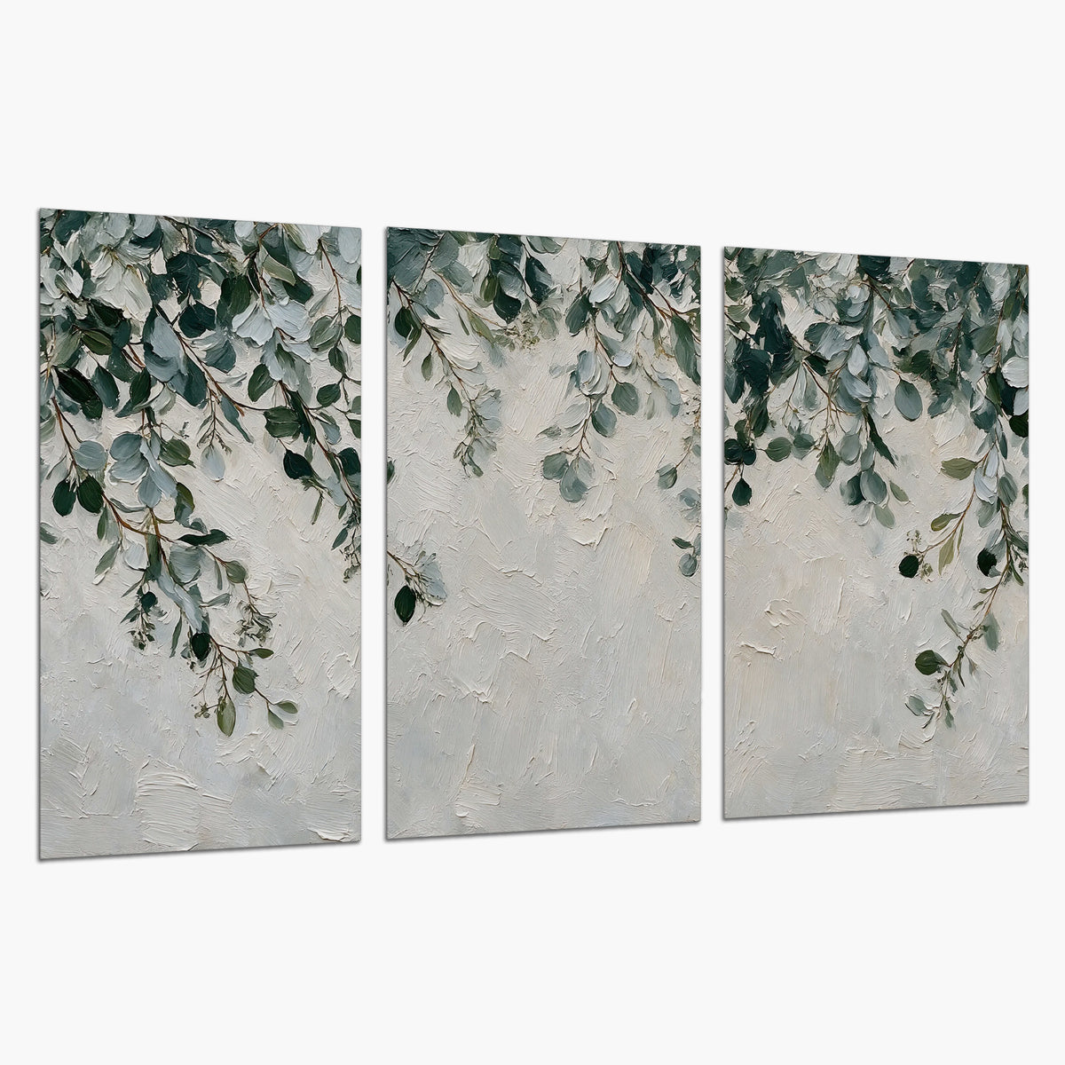 Soft green eucalyptus branches on a cream background set of 3 poster prints on a white background