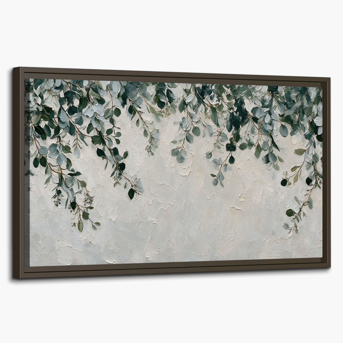 Soft green eucalyptus branches on a cream background single framed canvas wall art on a white background