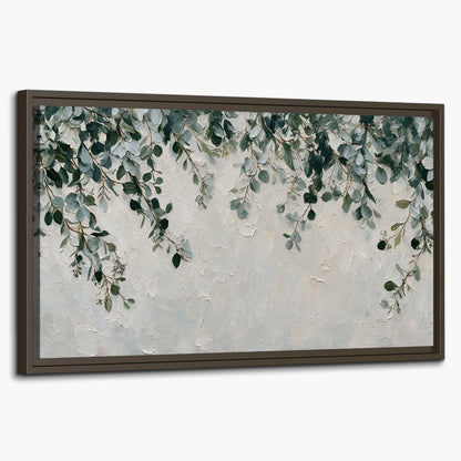 Soft green eucalyptus branches on a cream background single framed canvas wall art on a white background