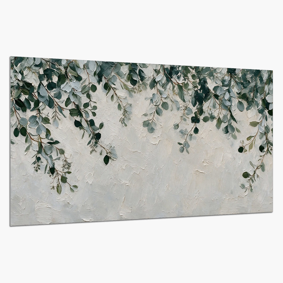 Soft green eucalyptus branches on a cream background single poster print on a white background