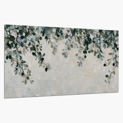 Soft green eucalyptus branches on a cream background single poster print on a white background