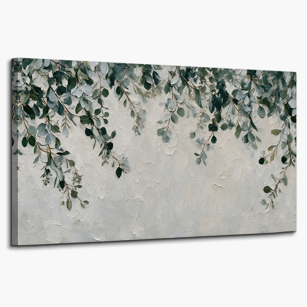 Soft green eucalyptus branches on a cream background single canvas wall art on a white background