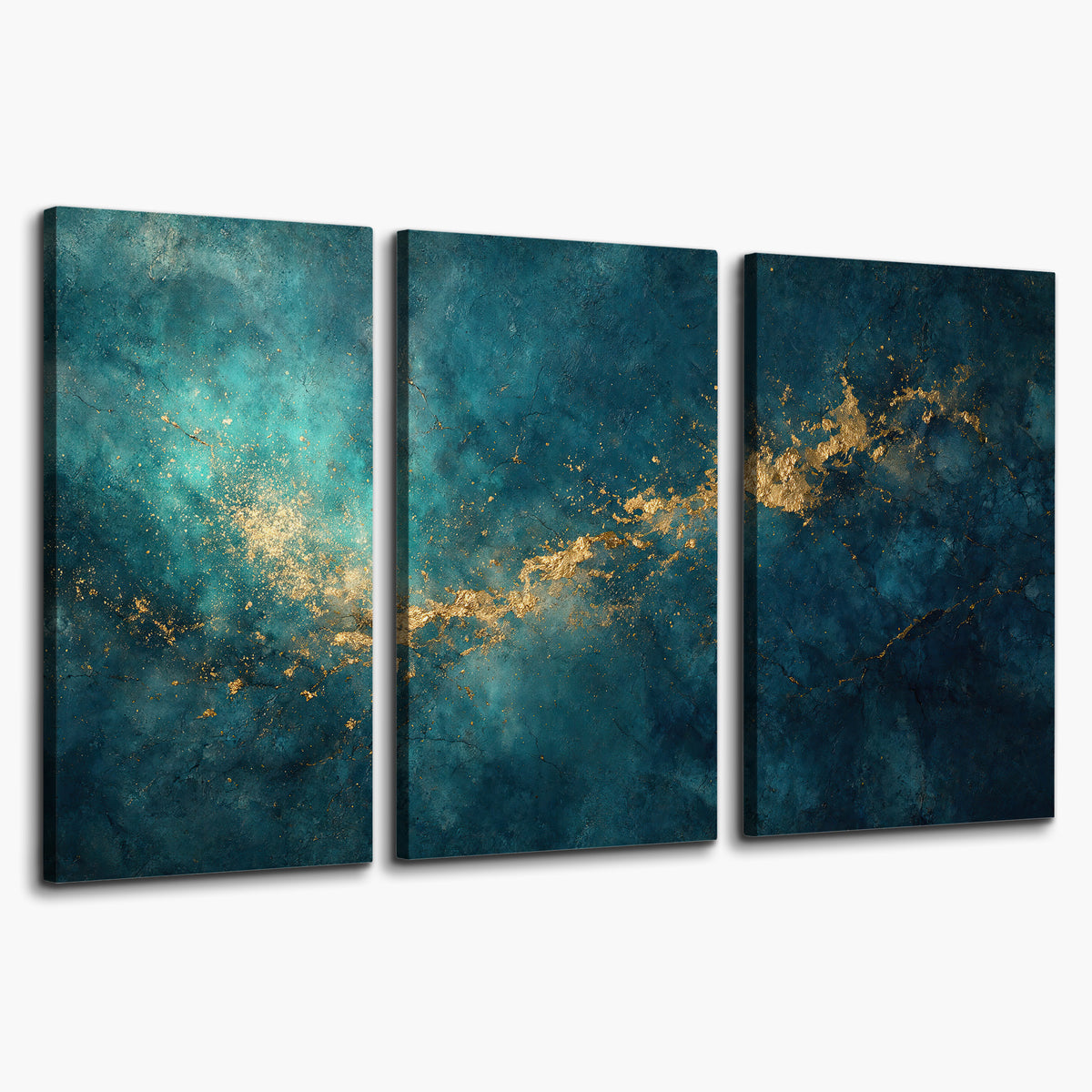 Deep teal clouds with sweeping gold-colored accents 3 piece canvas wall art on a white background