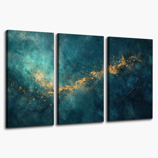 Deep teal clouds with sweeping gold-colored accents 3 piece canvas wall art on a white background