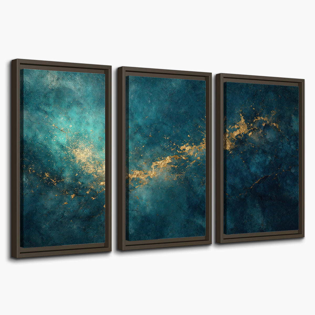 Deep teal clouds with sweeping gold-colored accents 3 piece framed canvas wall art on a white background