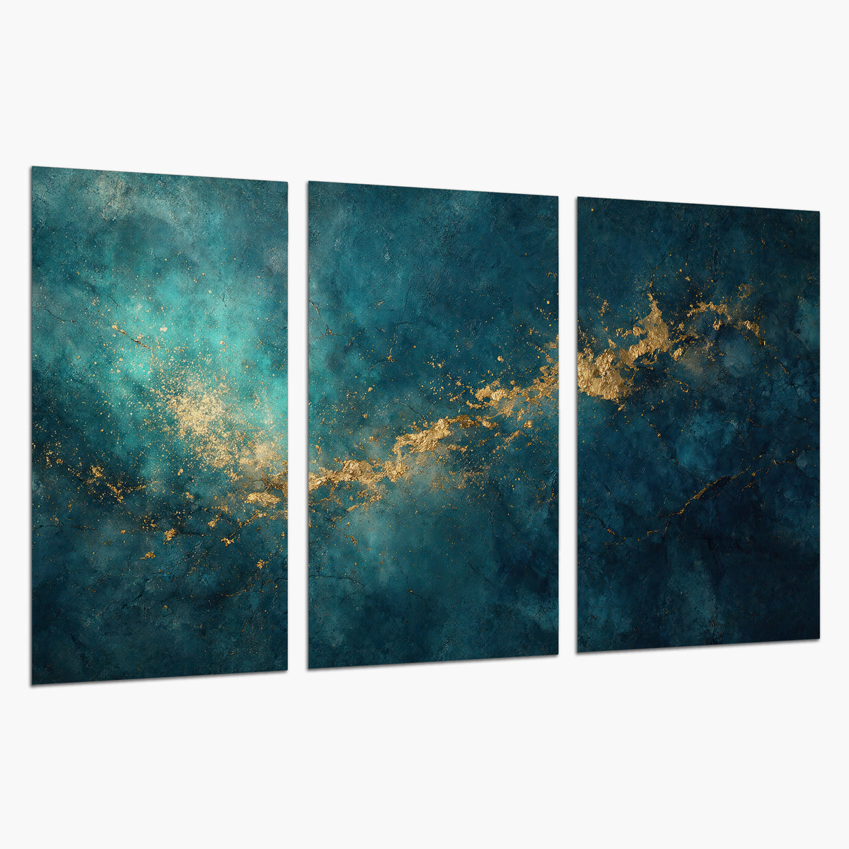 Deep teal clouds with sweeping gold-colored accents set of 3 poster prints on a white background