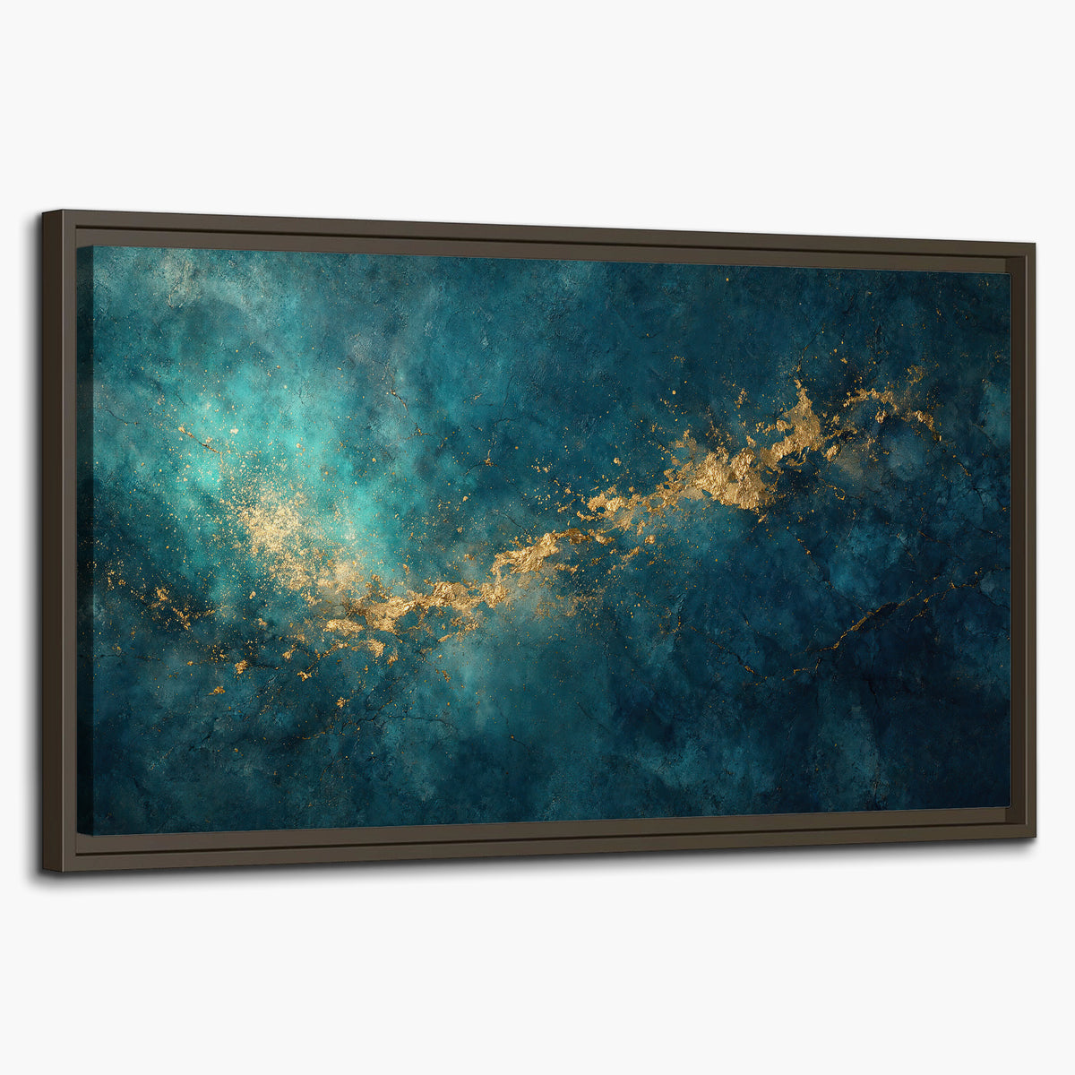Deep teal clouds with sweeping gold-colored accents single framed canvas wall art on a white background