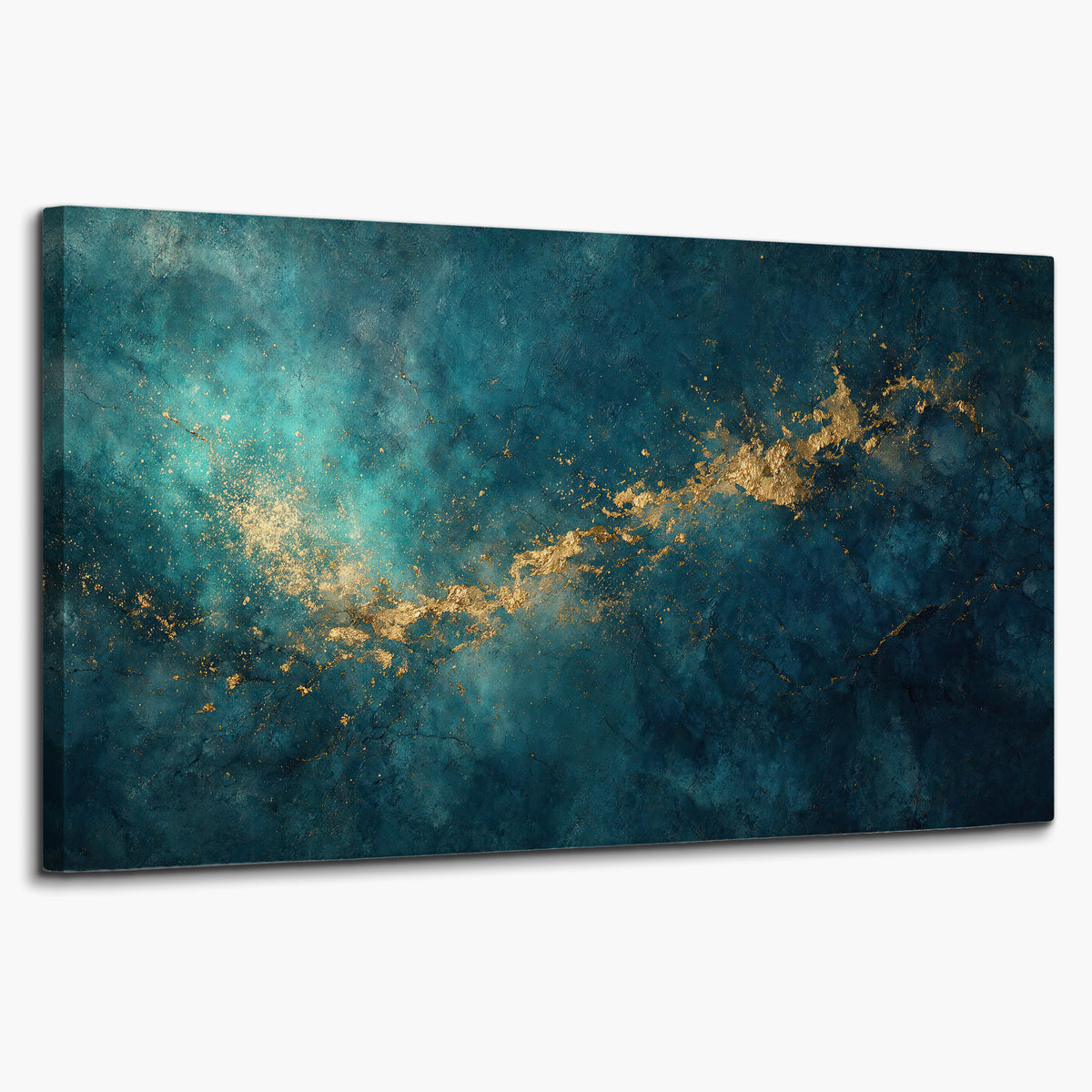 Deep teal clouds with sweeping gold-colored accents single canvas wall art on a white background