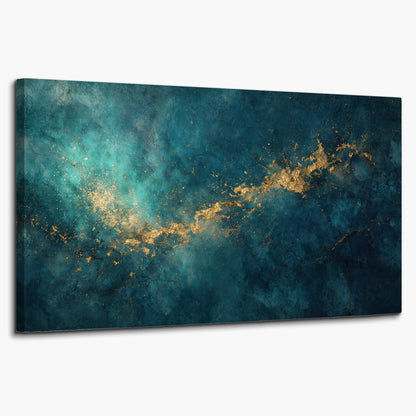 Deep teal clouds with sweeping gold-colored accents single canvas wall art on a white background