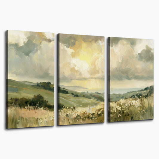 Rolling green hills beneath a luminous cloudy sky 3 piece canvas wall art on a white background