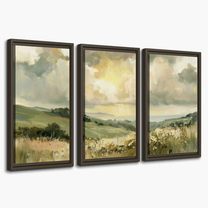 Rolling green hills beneath a luminous cloudy sky 3 piece framed canvas wall art on a white background