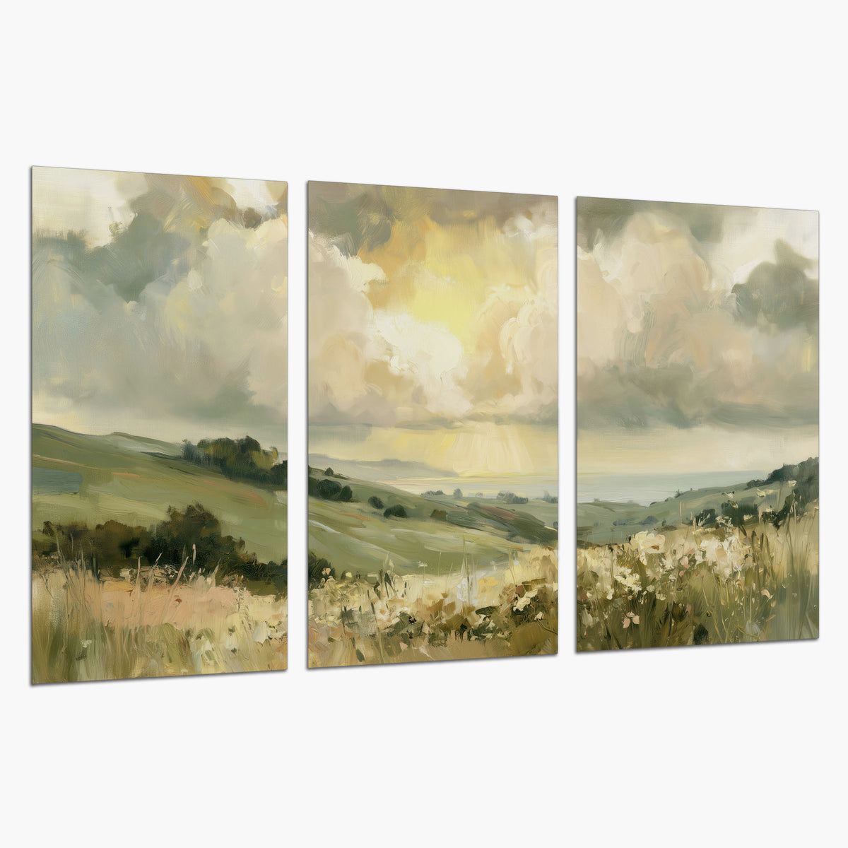 Rolling green hills beneath a luminous cloudy sky set of 3 poster prints on a white background