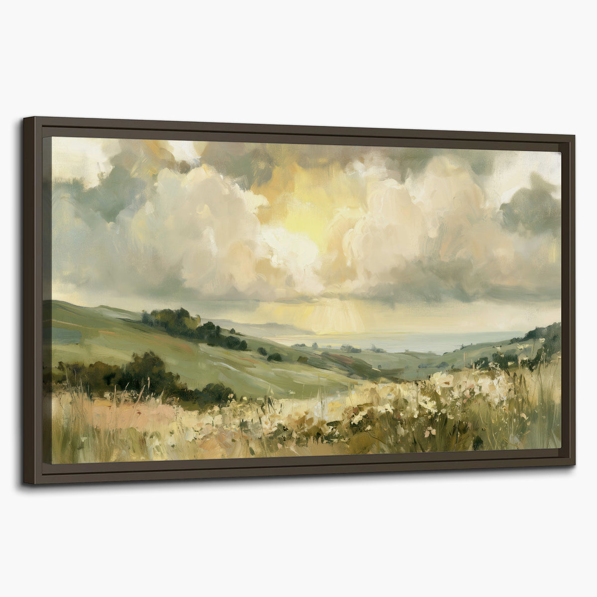 Rolling green hills beneath a luminous cloudy sky single framed canvas wall art on a white background