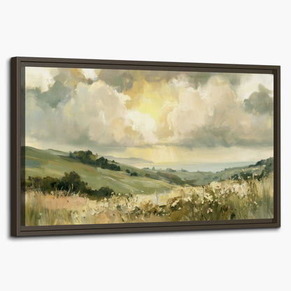 Rolling green hills beneath a luminous cloudy sky single framed canvas wall art on a white background