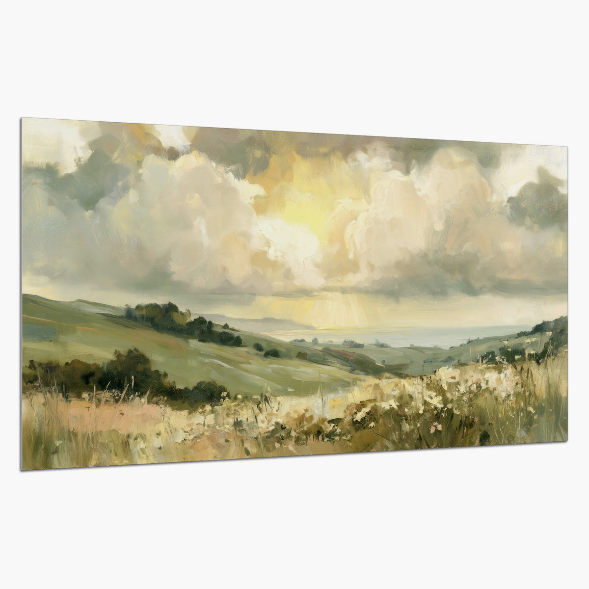 Rolling green hills beneath a luminous cloudy sky single poster print on a white background