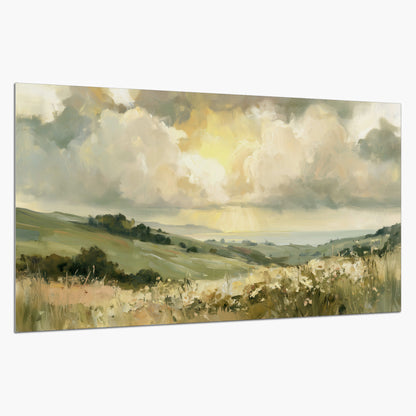 Rolling green hills beneath a luminous cloudy sky single poster print on a white background