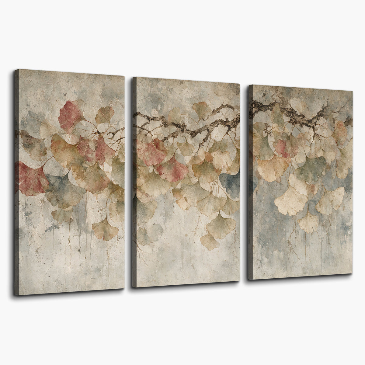Cream and blush ginkgo leaves on delicate branches 3 piece canvas wall art on a white background