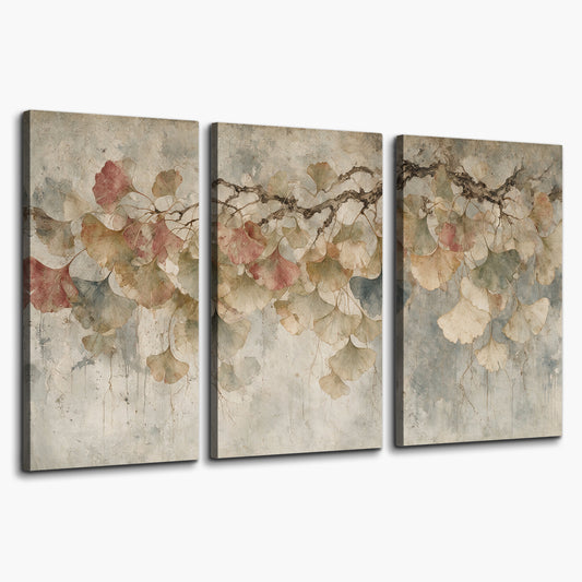 Cream and blush ginkgo leaves on delicate branches 3 piece canvas wall art on a white background