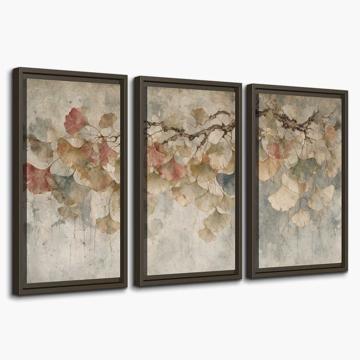 Cream and blush ginkgo leaves on delicate branches 3 piece framed canvas wall art on a white background