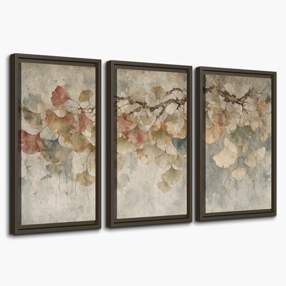 Cream and blush ginkgo leaves on delicate branches 3 piece framed canvas wall art on a white background