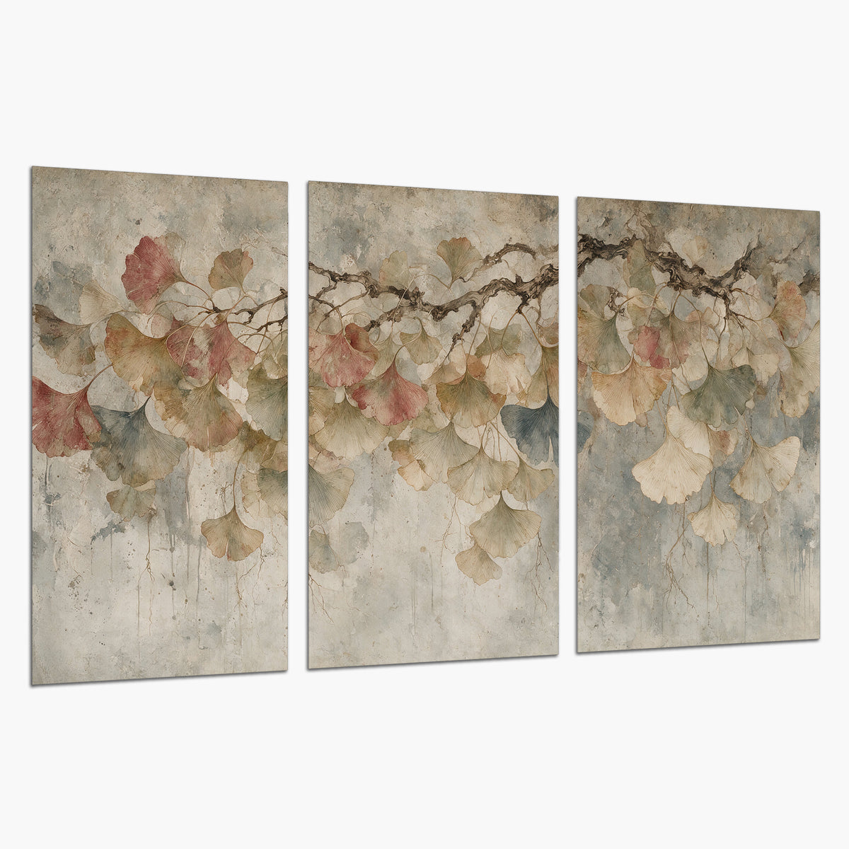 Cream and blush ginkgo leaves on delicate branches set of 3 poster prints on a white background