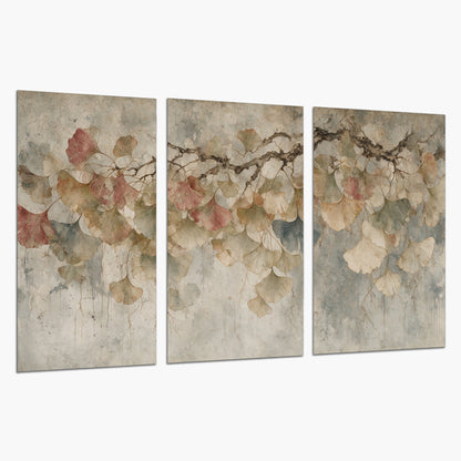 Cream and blush ginkgo leaves on delicate branches set of 3 poster prints on a white background