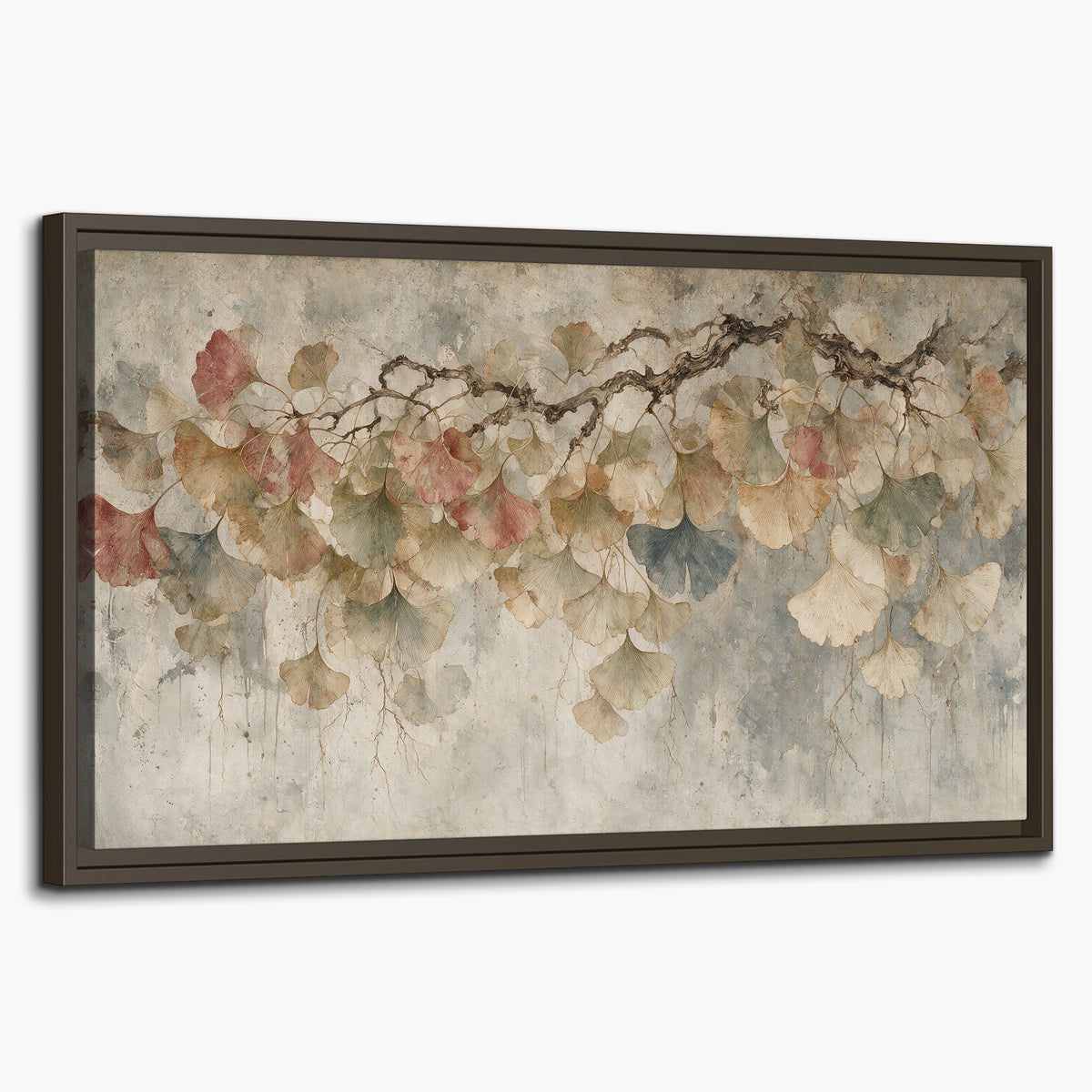 Cream and blush ginkgo leaves on delicate branches single framed canvas wall art on a white background