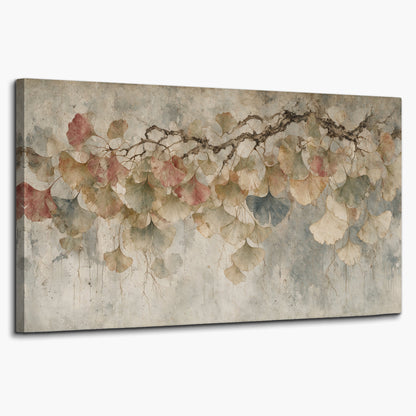 Cream and blush ginkgo leaves on delicate branches single canvas wall art on a white background