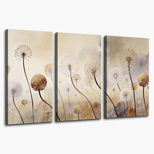 Delicate dandelion seed heads in warm misty light 3 piece canvas wall art on a white background