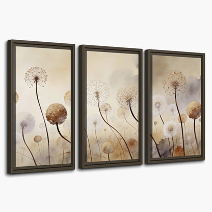 Delicate dandelion seed heads in warm misty light 3 piece framed canvas wall art on a white background