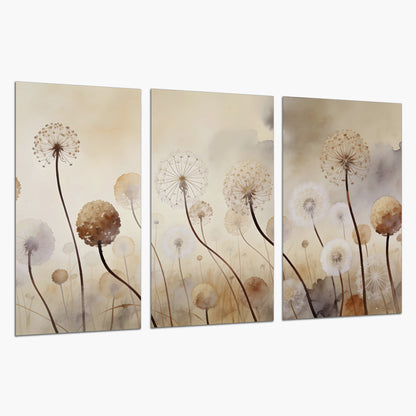 Delicate dandelion seed heads in warm misty light set of 3 poster prints on a white background