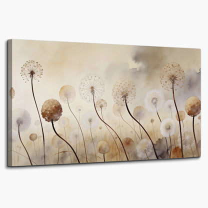 Delicate dandelion seed heads in warm misty light single canvas wall art on a white background