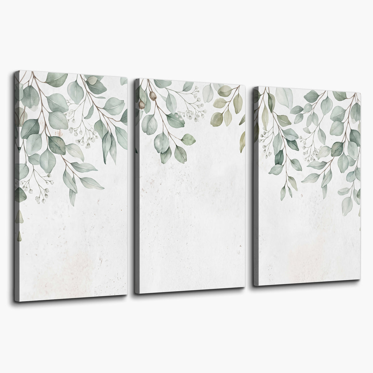 Pale sage eucalyptus leaves against a light background 3 piece canvas wall art on a white background