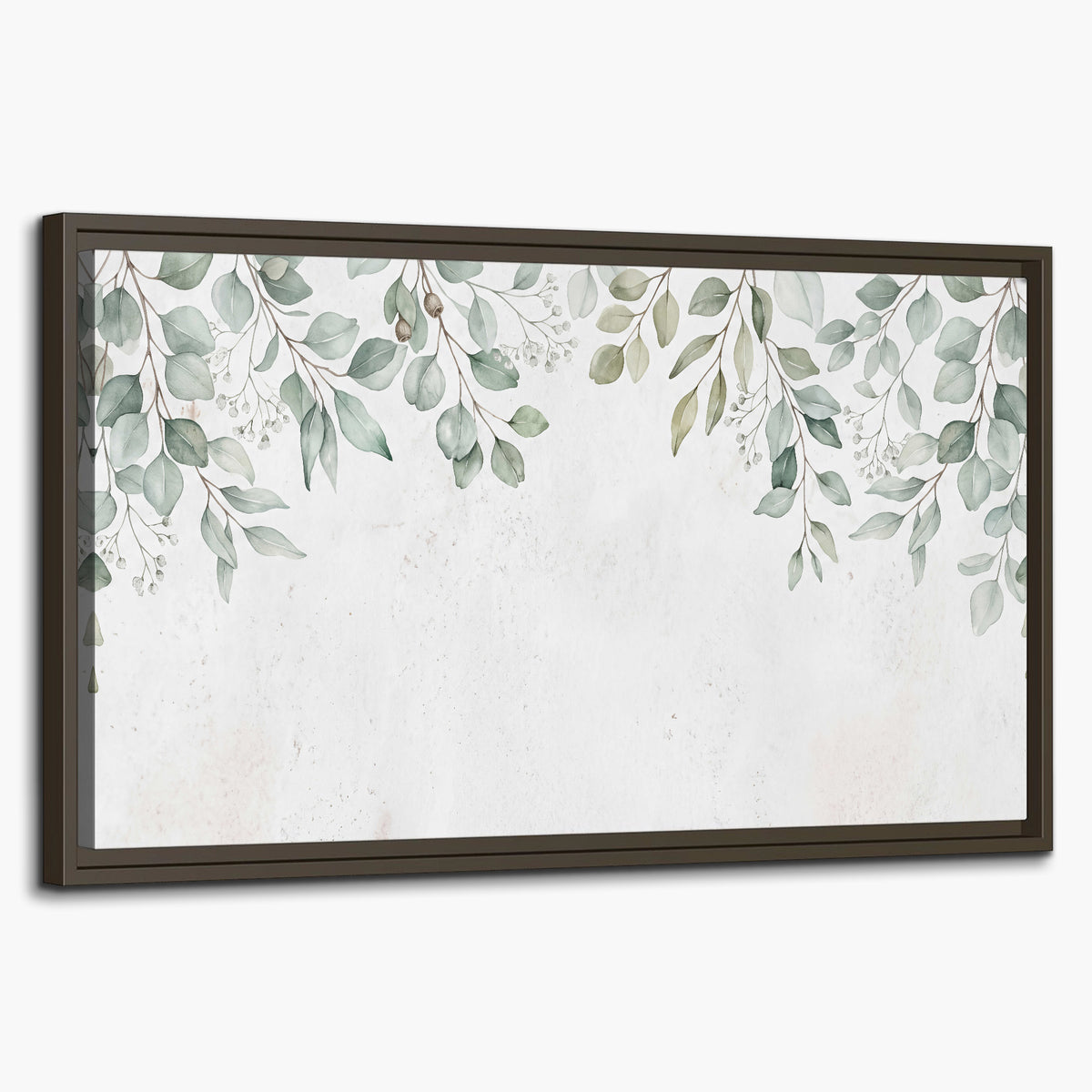 Pale sage eucalyptus leaves against a light background single framed canvas wall art on a white background