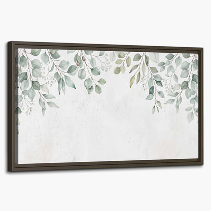 Pale sage eucalyptus leaves against a light background single framed canvas wall art on a white background