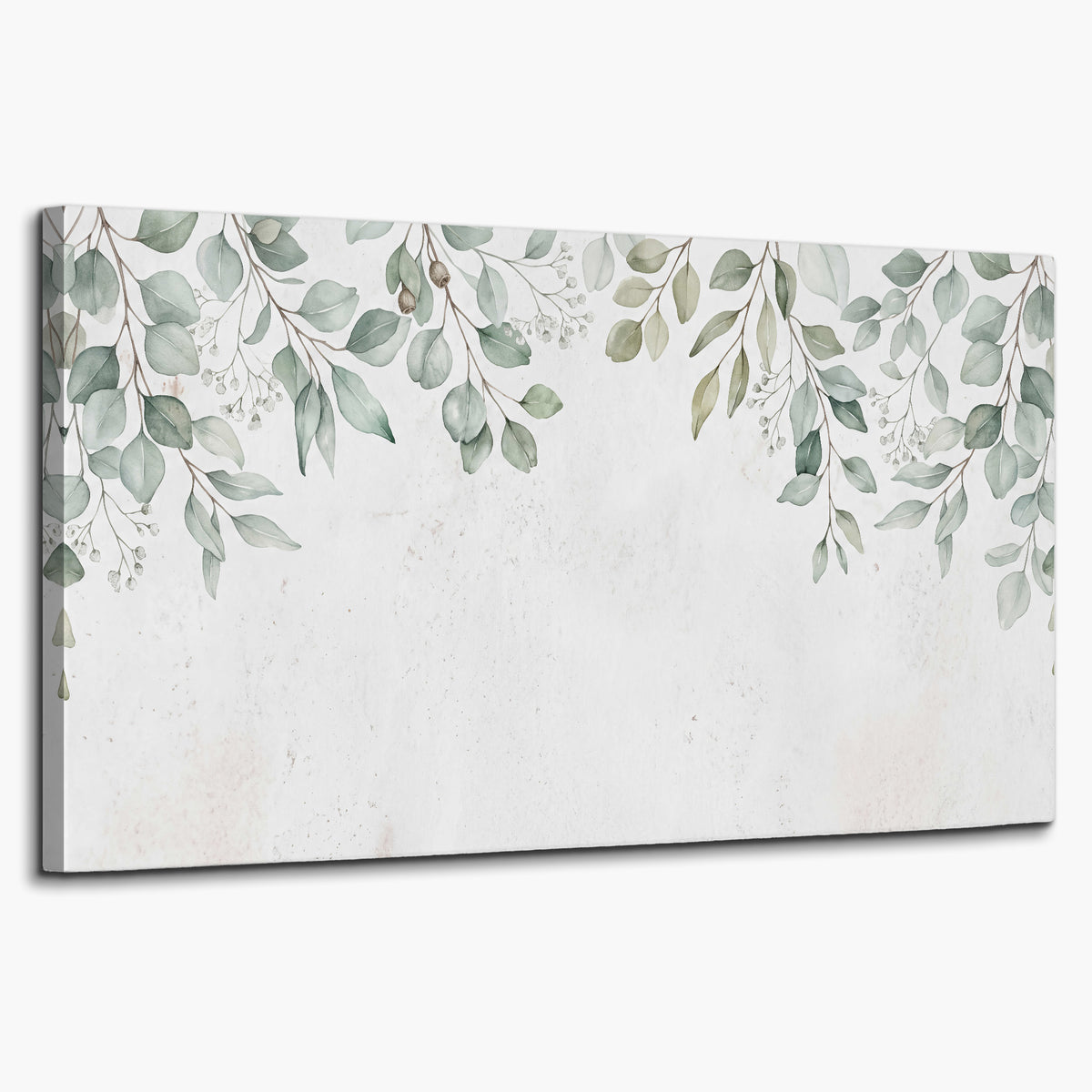 Pale sage eucalyptus leaves against a light background single canvas wall art on a white background