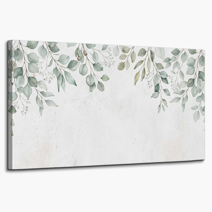 Pale sage eucalyptus leaves against a light background single canvas wall art on a white background