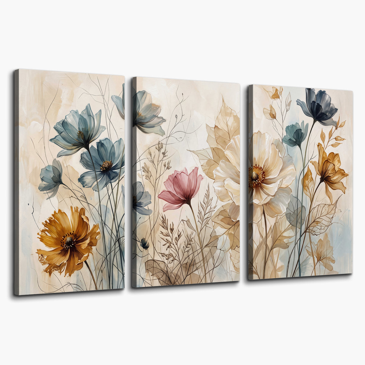Airy blue, ochre and blush flowers on a warm cream background 3 piece canvas wall art on a white background