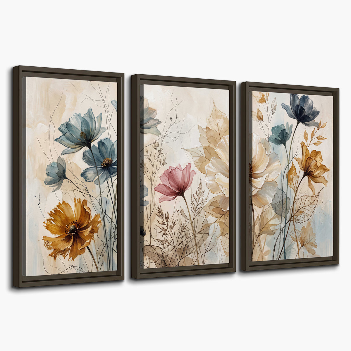 Airy blue, ochre and blush flowers on a warm cream background 3 piece framed canvas wall art on a white background