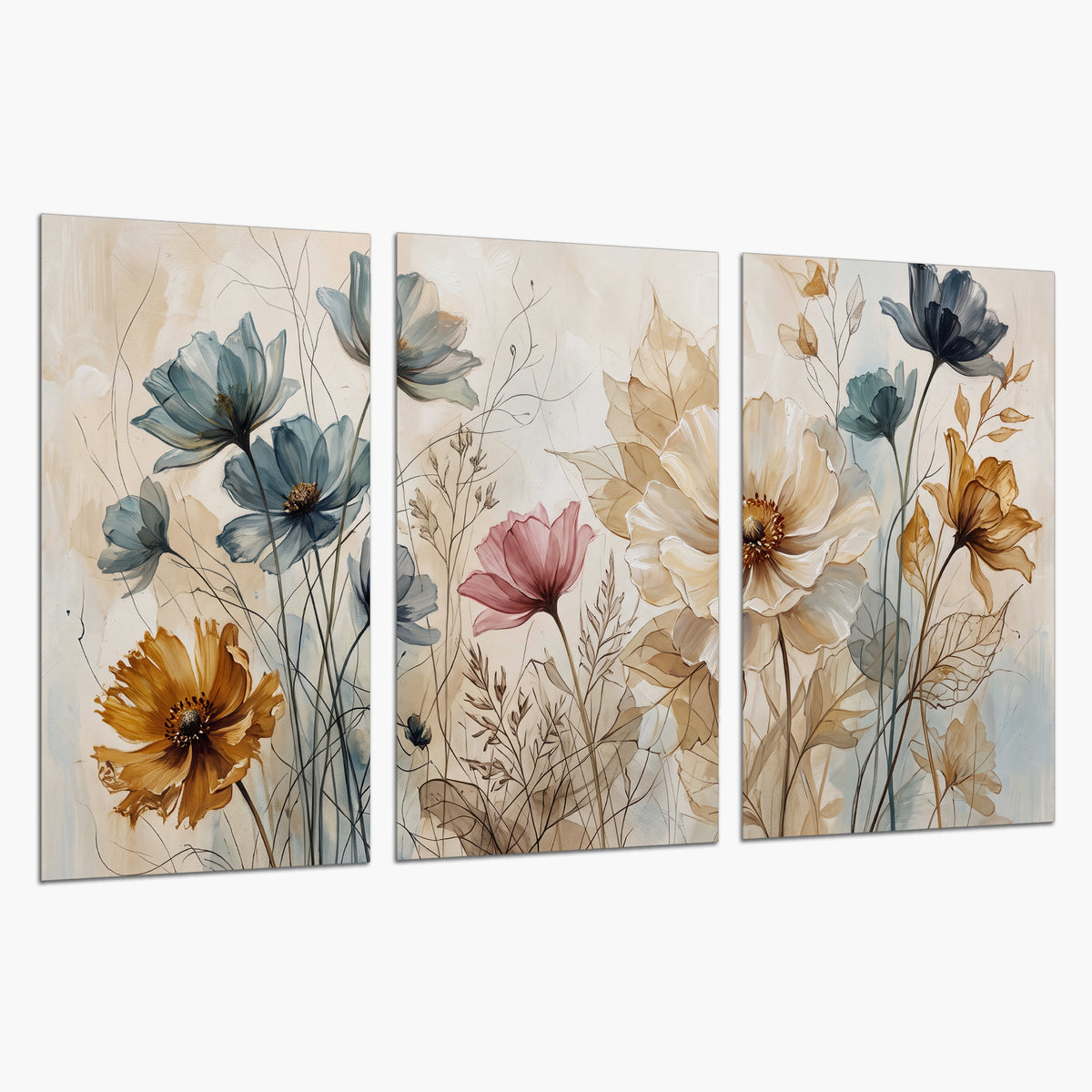 Airy blue, ochre and blush flowers on a warm cream background set of 3 poster prints on a white background