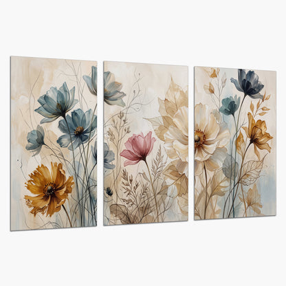 Airy blue, ochre and blush flowers on a warm cream background set of 3 poster prints on a white background