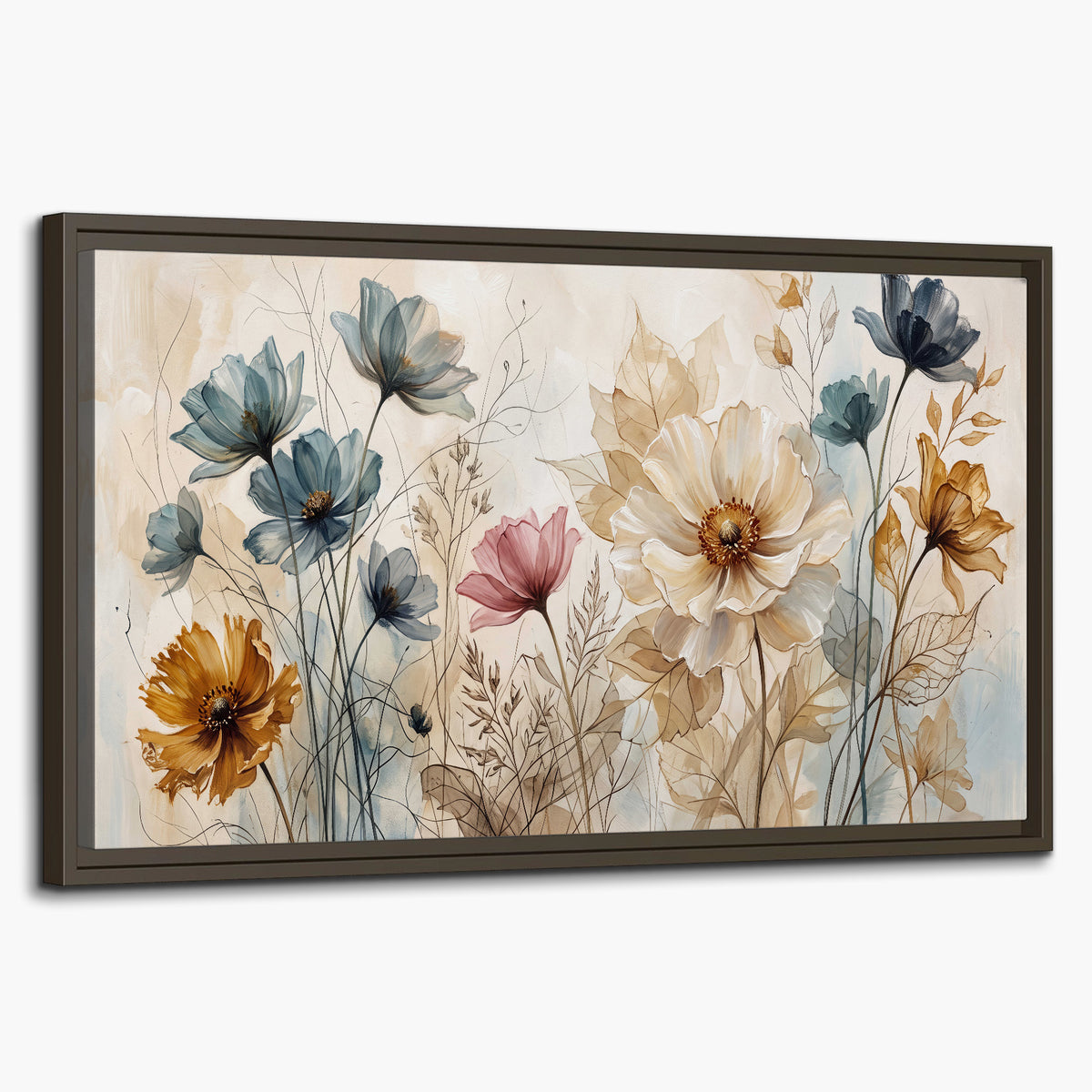 Airy blue, ochre and blush flowers on a warm cream background single framed canvas wall art on a white background