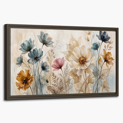 Airy blue, ochre and blush flowers on a warm cream background single framed canvas wall art on a white background